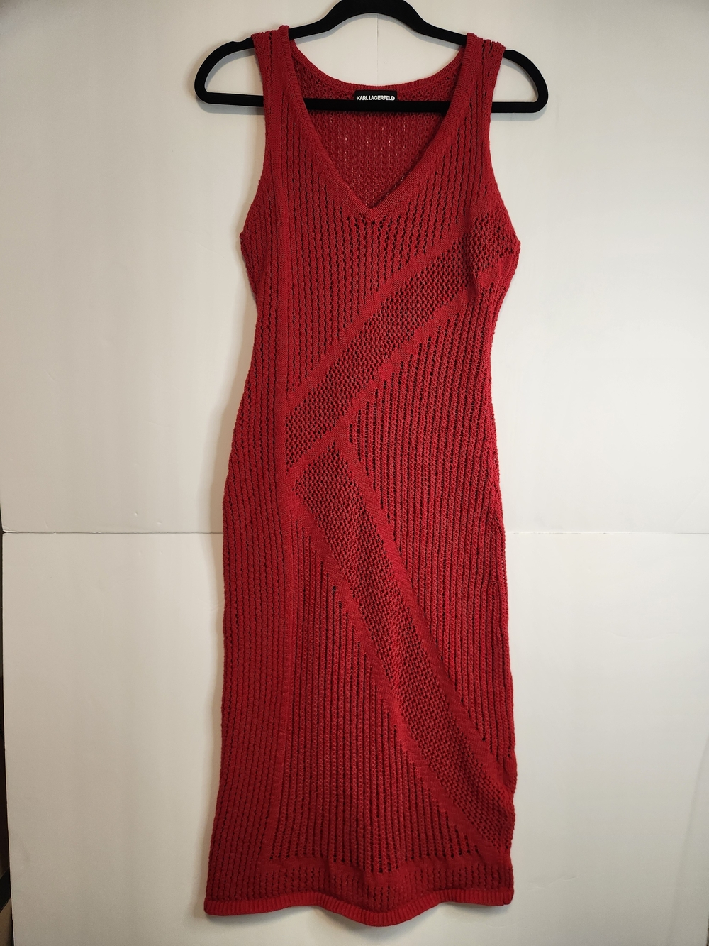 Karl Lagerfeld Red Sleeveless V‑Neck Knit Midi Dress